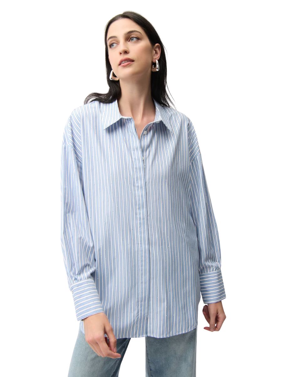 Light blue striped Joseph Ribkoff Sparkle and Stripe Long Sleeve Shirt in a relaxed fit with subtle shimmer detailing.