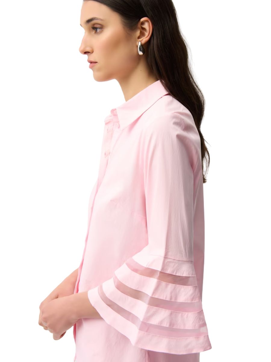 Light pink Joseph Ribkoff Poplin Bell Short Sleeve Blouse with sheer striped bell sleeves and classic collar by Joseph Ribkoff