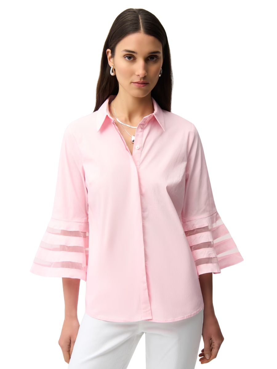 Joseph Ribkoff Poplin Bell Short Sleeve Blouse in light pink with sheer striped bell sleeves by Joseph Ribkoff