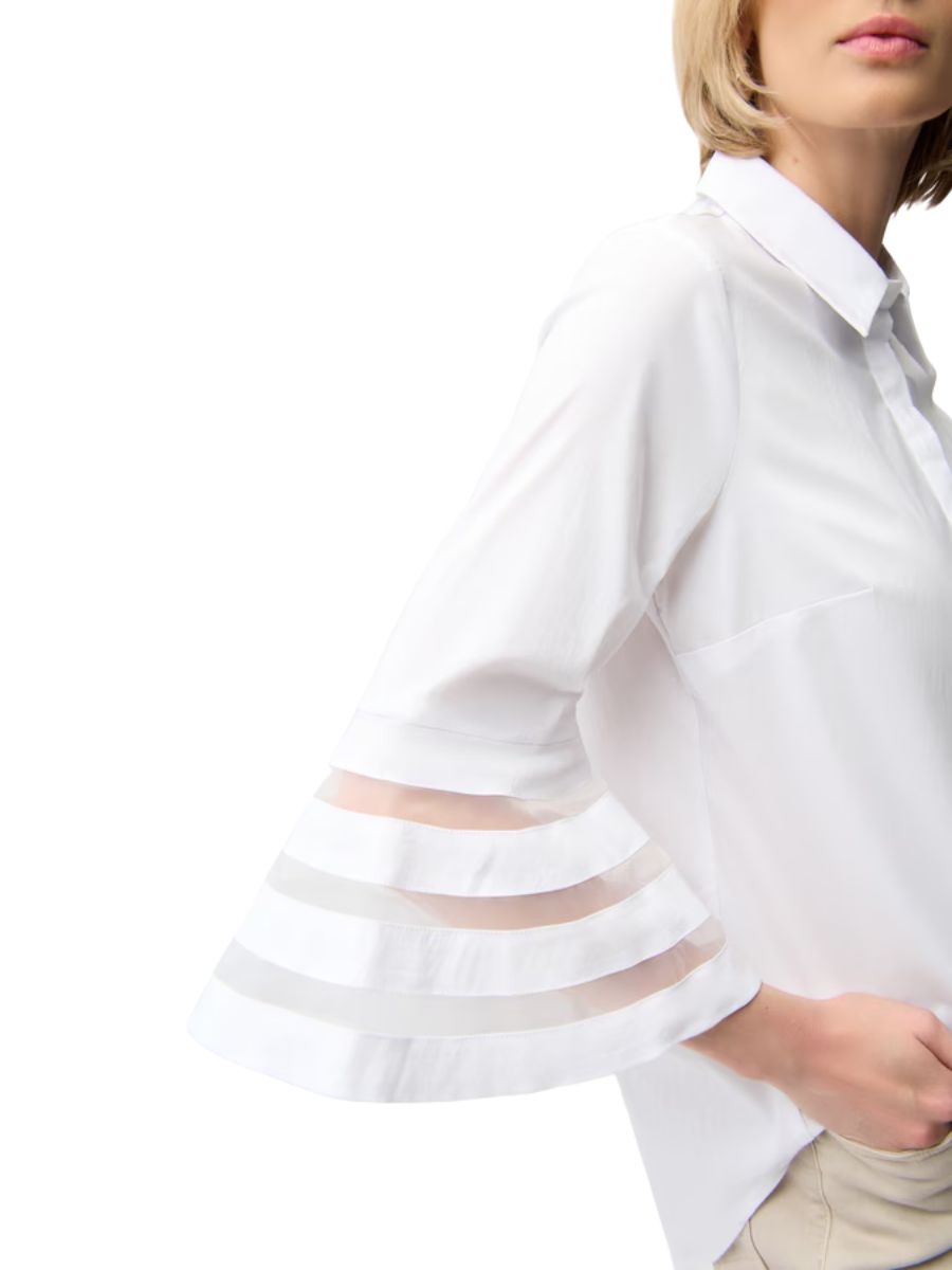Joseph Ribkoff Poplin Bell Short Sleeve Blouse in white with sheer stripe bell sleeves by Joseph Ribkoff