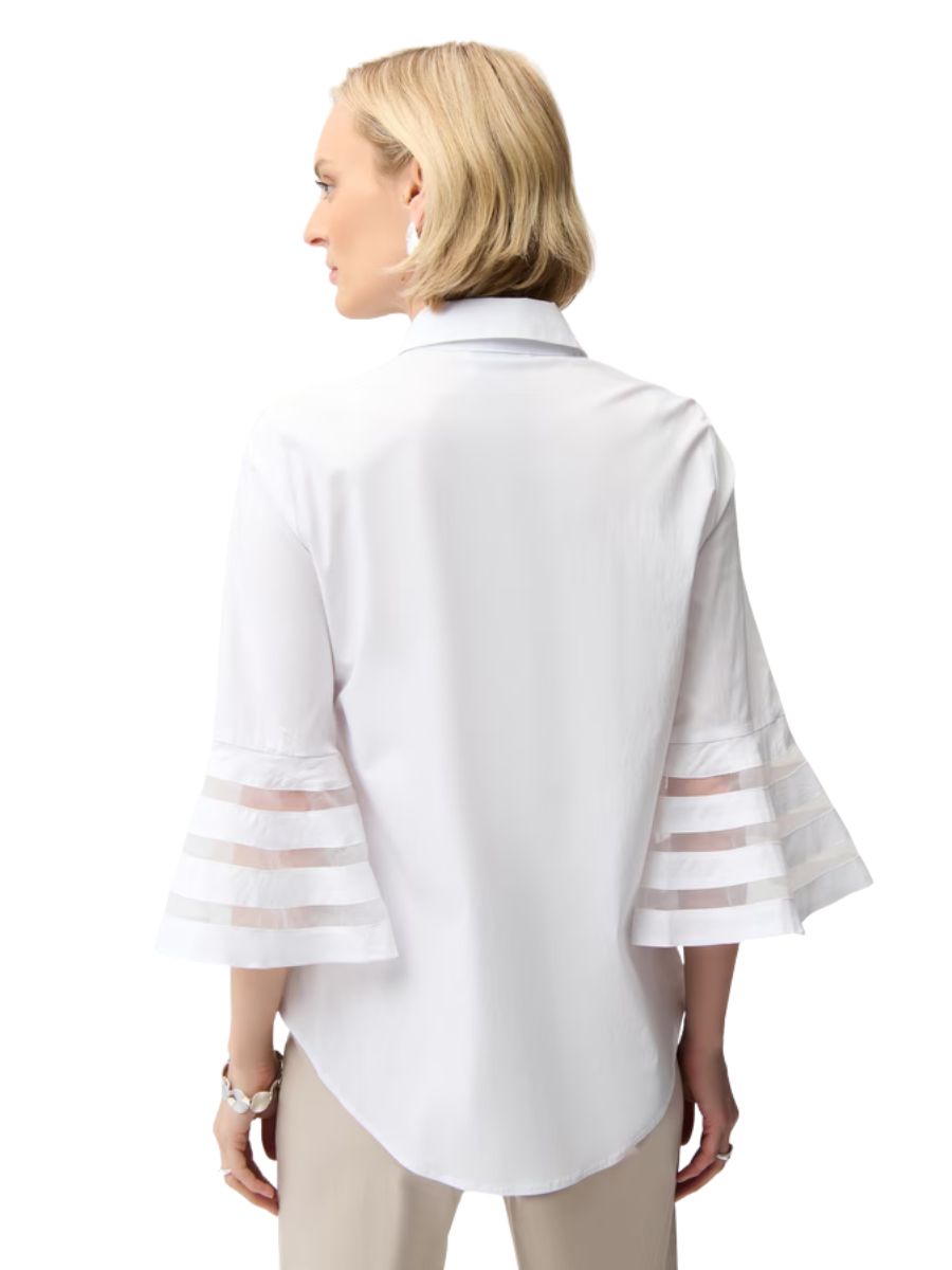 Back view of a stylish Joseph Ribkoff Poplin Bell Short Sleeve Blouse with sheer striped bell sleeves in white.