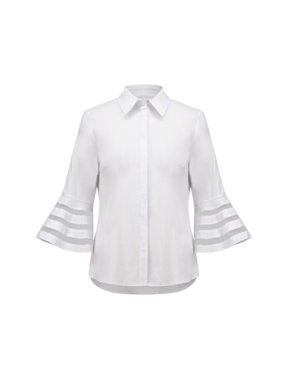 Joseph Ribkoff Poplin Bell Short Sleeve Blouse in white featuring sheer striped bell sleeves and classic collar by Joseph Ribkoff.