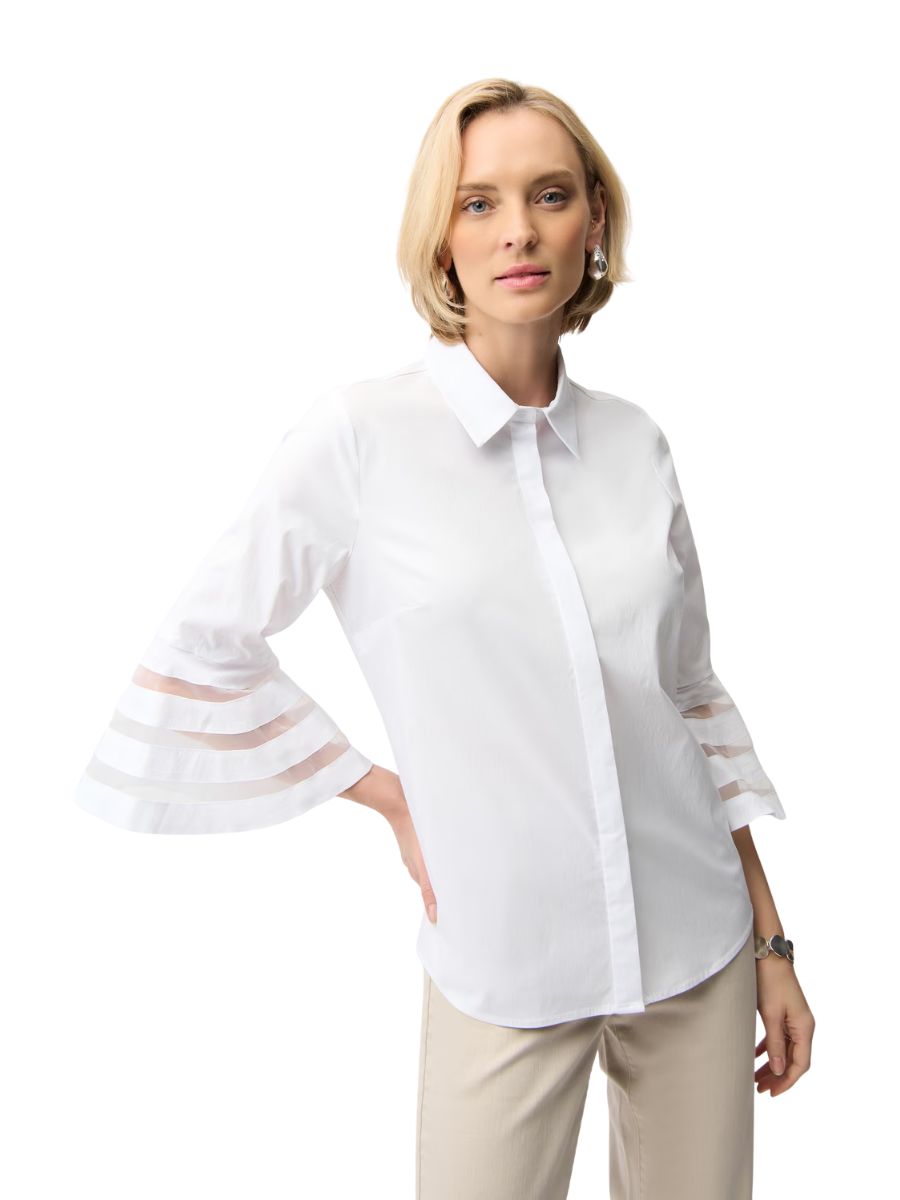 Slim-fit white Joseph Ribkoff Poplin Bell Short Sleeve Blouse with sheer striped bell sleeves, styled with beige pants.