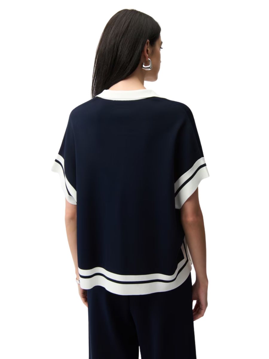 Back view of Joseph Ribkoff Border Stripe Polo Short Sleeve Sweater in navy with white stripe accents.