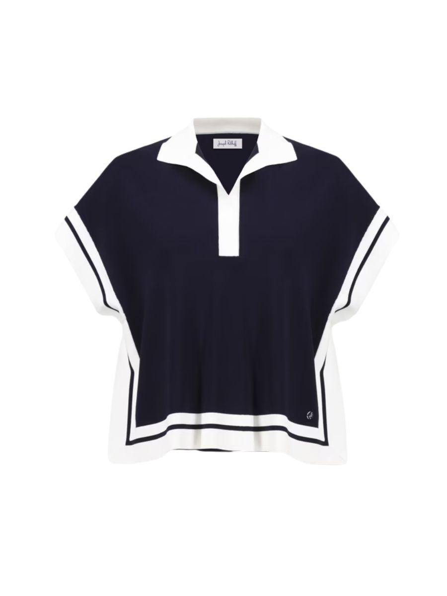Navy blue and white short-sleeve top with collar and geometric border detailing on sleeves and hem