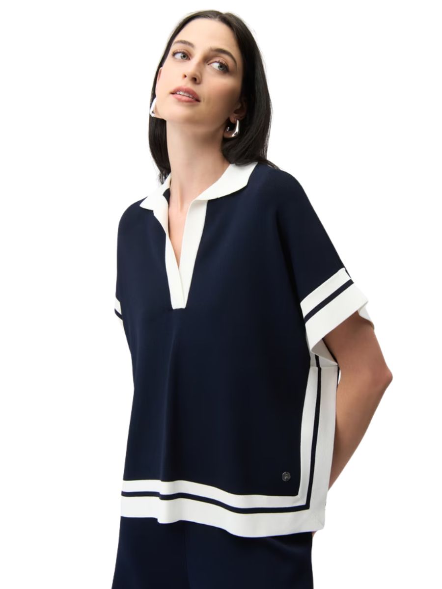 Joseph Ribkoff Border Stripe Polo Short Sleeve Sweater in navy with white trim, a stylish short sleeve sweater top by Joseph Ribkoff.