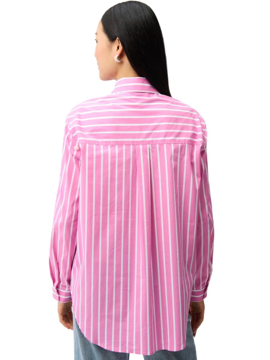 Back view of a person wearing a pink and white striped long-sleeve top with a collar and pleated detail