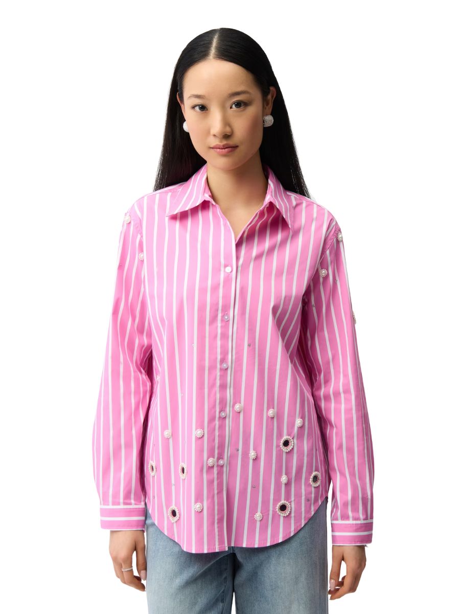 Joseph Ribkoff Pearl Rhinestone Cotton Long Sleeve Shirt in pink striped cotton with pearl and rhinestone accents by Joseph Ribkoff