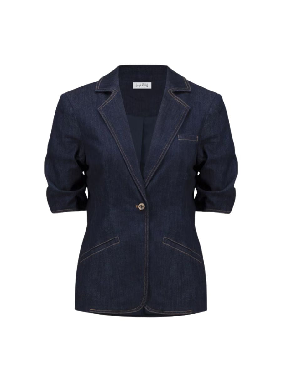 Dark denim blazer with rolled three-quarter sleeves and a single button closure on a white background
