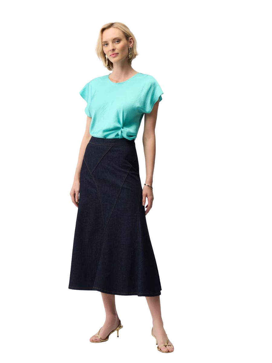 Light blue top paired with Joseph Ribkoff Playful Denim Stitch Flare Skirt in dark denim by Joseph Ribkoff