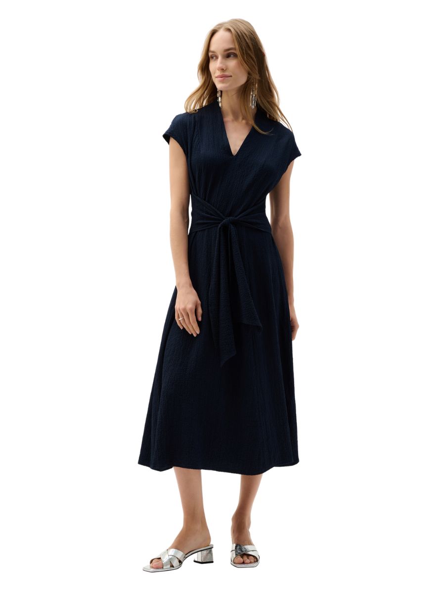 Elegant midnight navy Joseph Ribkoff Sash Tie Midi Dress with short sleeves and a tied waist detail by Joseph Ribkoff.