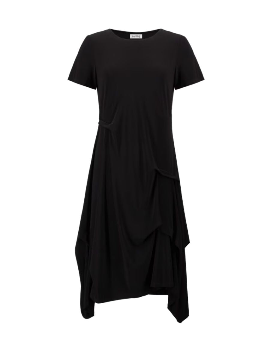 Black short sleeve dress with asymmetrical draped hem and relaxed fit design