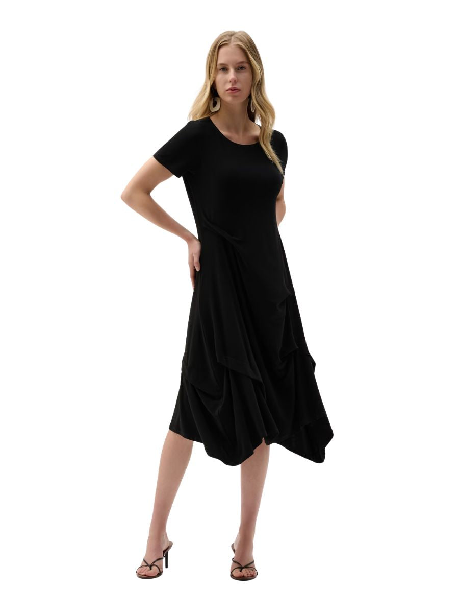 Elegant black dress with draped details and short sleeves, Joseph Ribkoff In a Pinch Trapeze Dress by Joseph Ribkoff