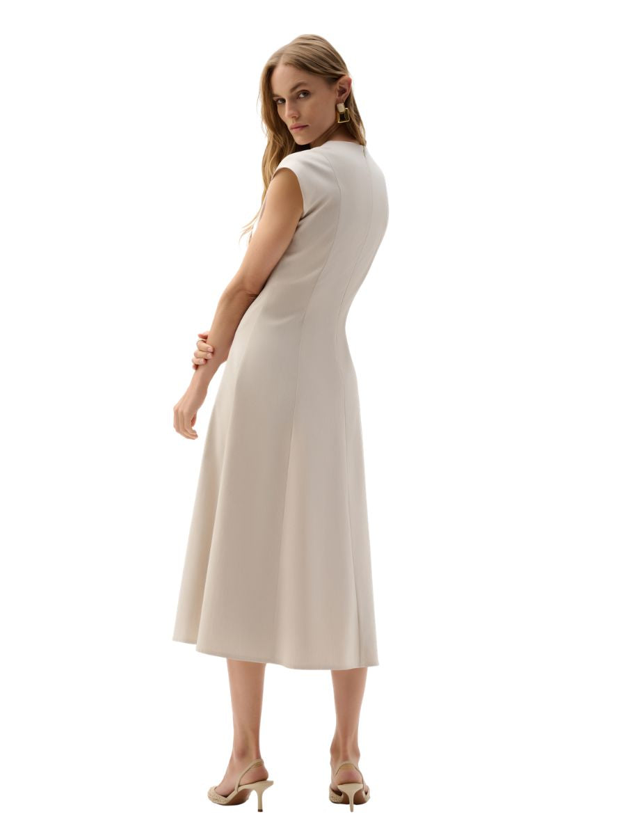 Elegant cream midi dress with cap sleeves by Joseph Ribkoff, styled in the Joseph Ribkoff Melange Millen Button Front Dress.