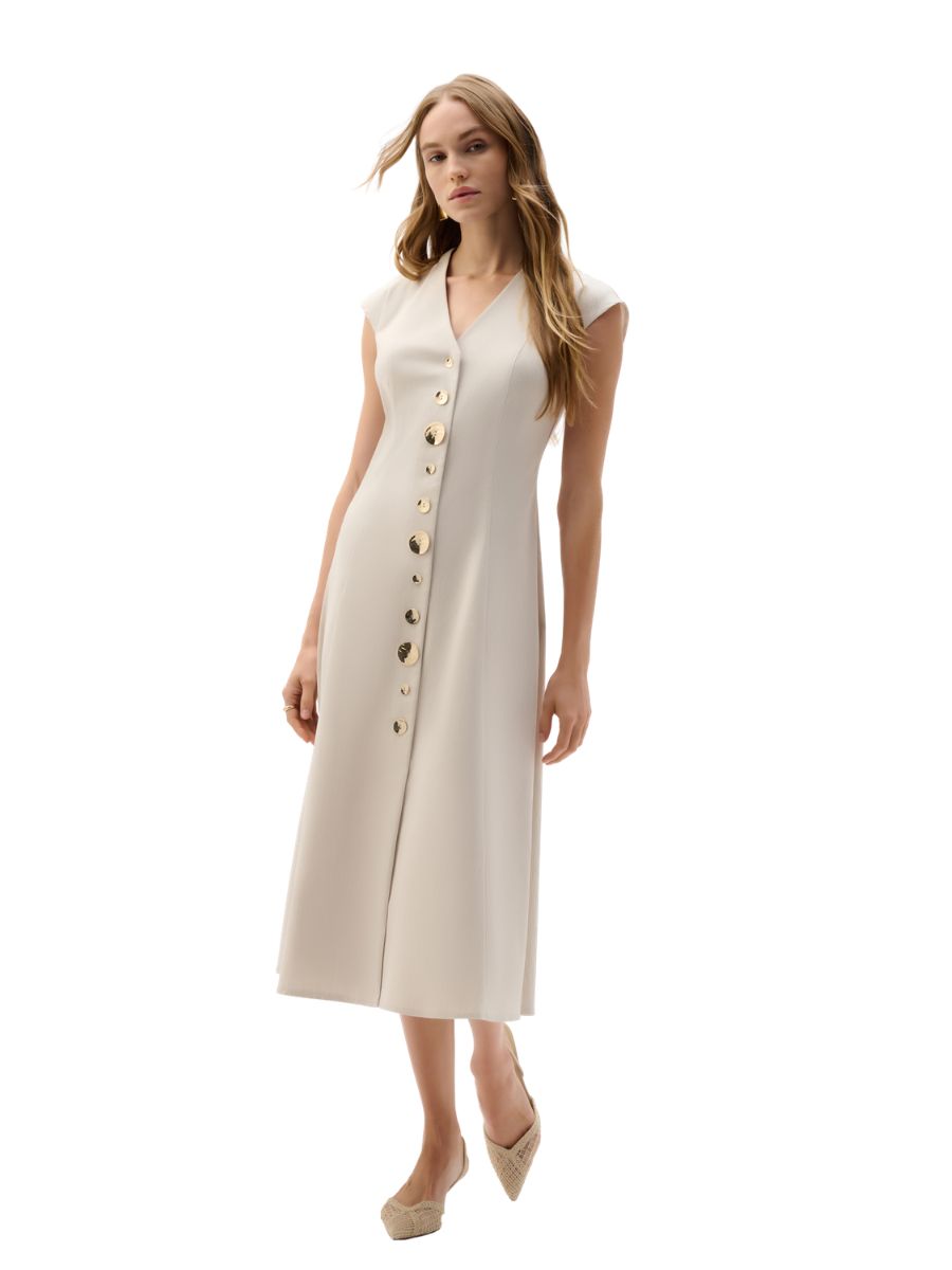 Elegant sleeveless beige dress with large buttons, featuring a V-neckline, Joseph Ribkoff Melange Millen Button Front Dress
