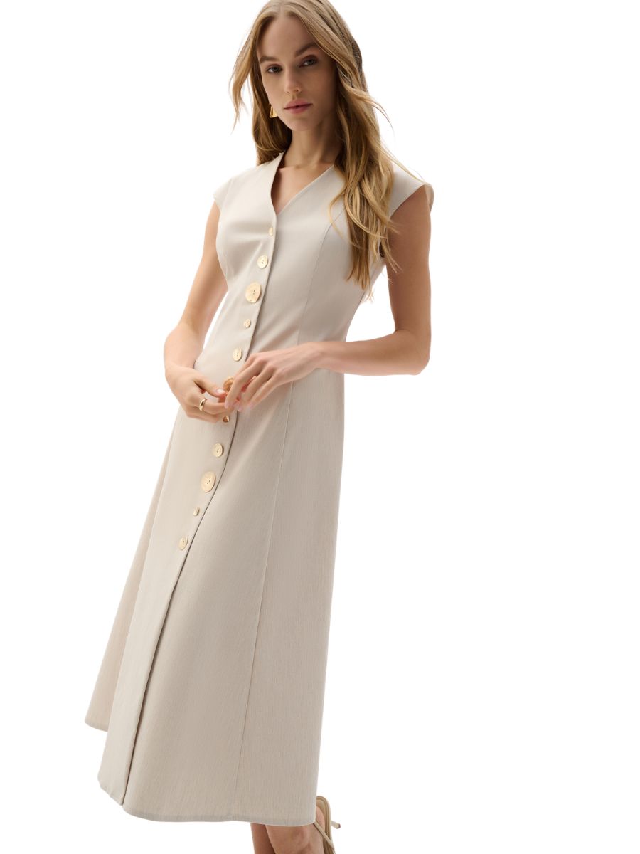 Elegant sleeveless light beige Joseph Ribkoff Melange Millen Button Front Dress with front buttons and fitted silhouette