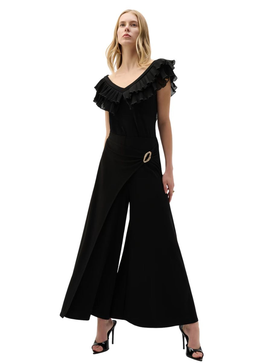 Elegant black wide pant styled with a wrap detail and buckle, Joseph Ribkoff Polished Silky 26" Wide Pant
