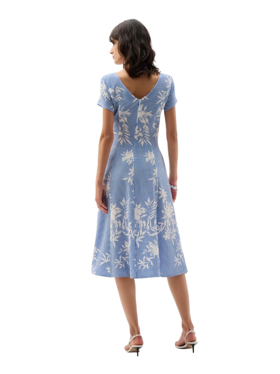 Blue and white floral midi dress with sash tie and fit & flare silhouette by Joseph Ribkoff Sash Tie Flower Fit & Flare Midi Dress