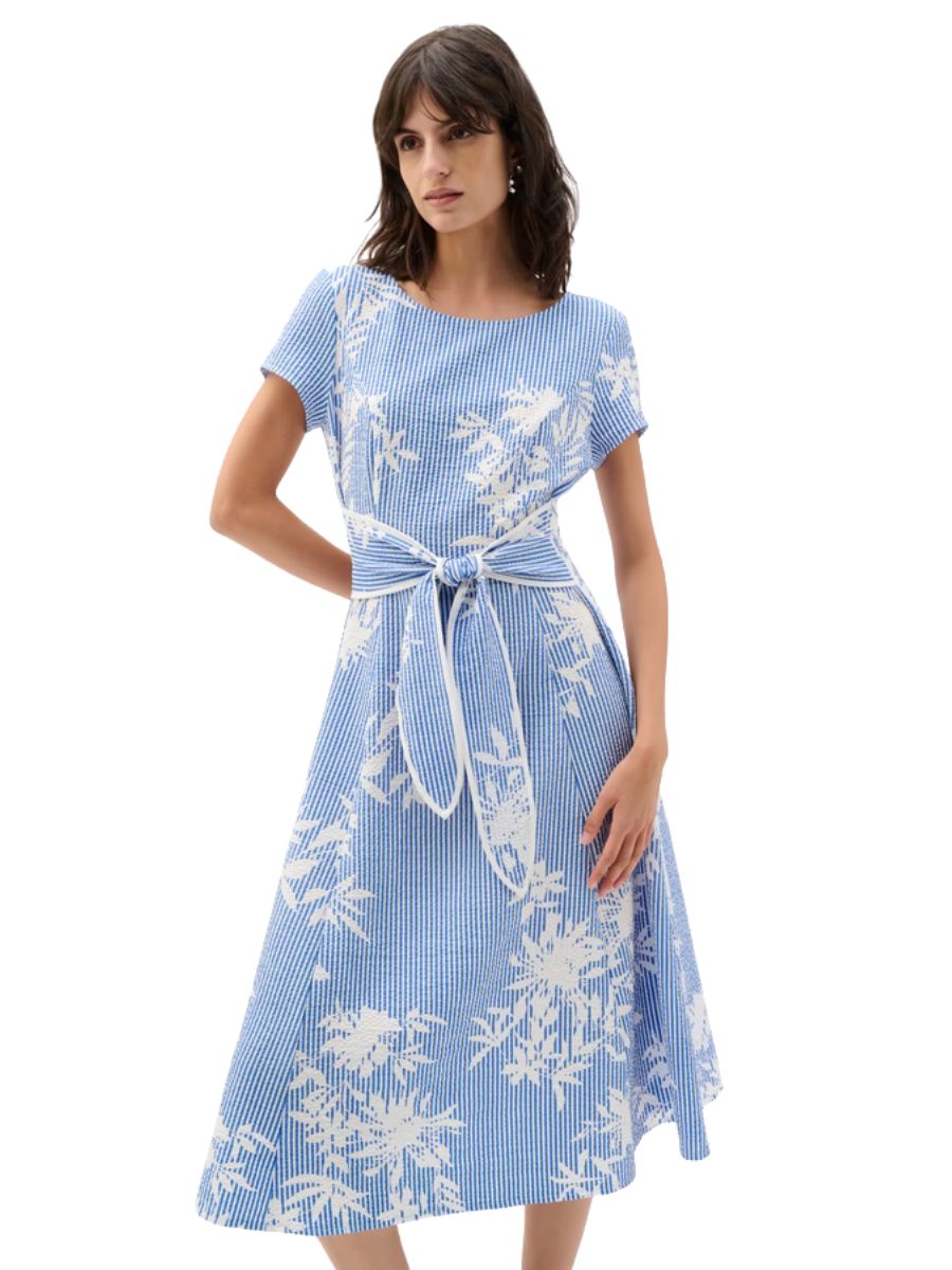 Blue and white floral midi dress with sash tie by Joseph Ribkoff featuring a fit and flare silhouette.
