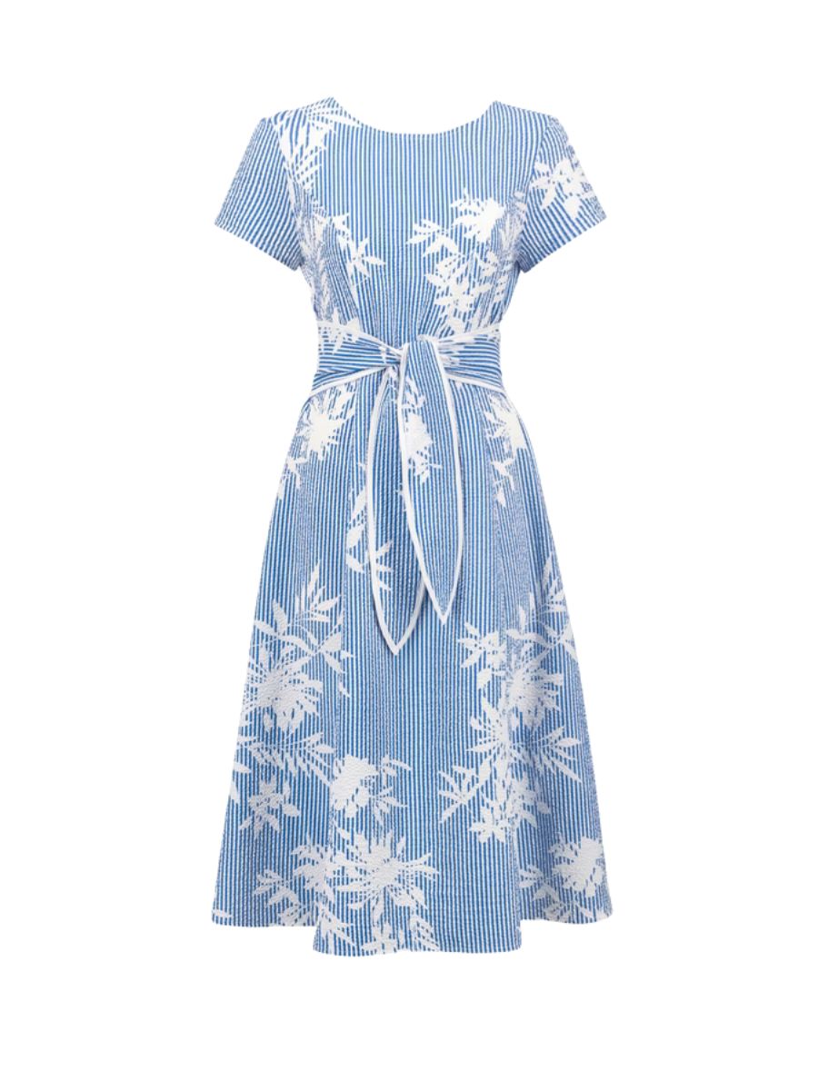 Joseph Ribkoff Sash Tie Flower Fit & Flare Midi Dress in blue and white floral pattern by Joseph Ribkoff