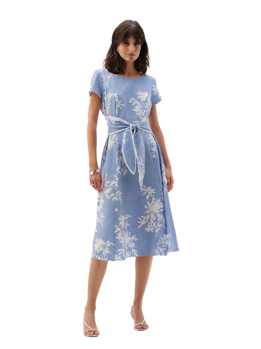 Joseph Ribkoff Sash Tie Flower Fit & Flare Midi Dress in blue and white floral pattern by Joseph Ribkoff
