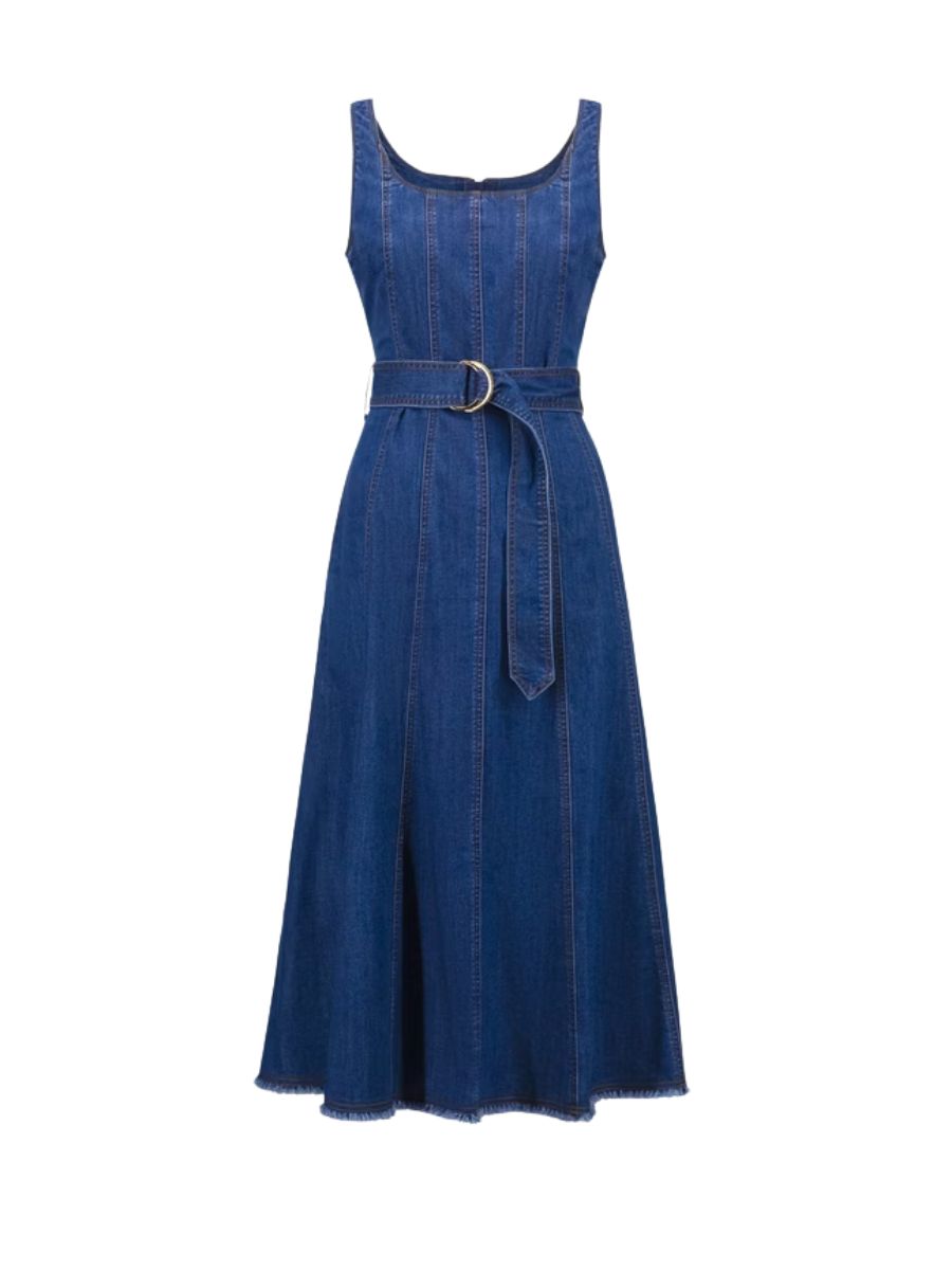 Sleeveless blue denim midi dress with a square neckline and matching belt with a D-ring buckle