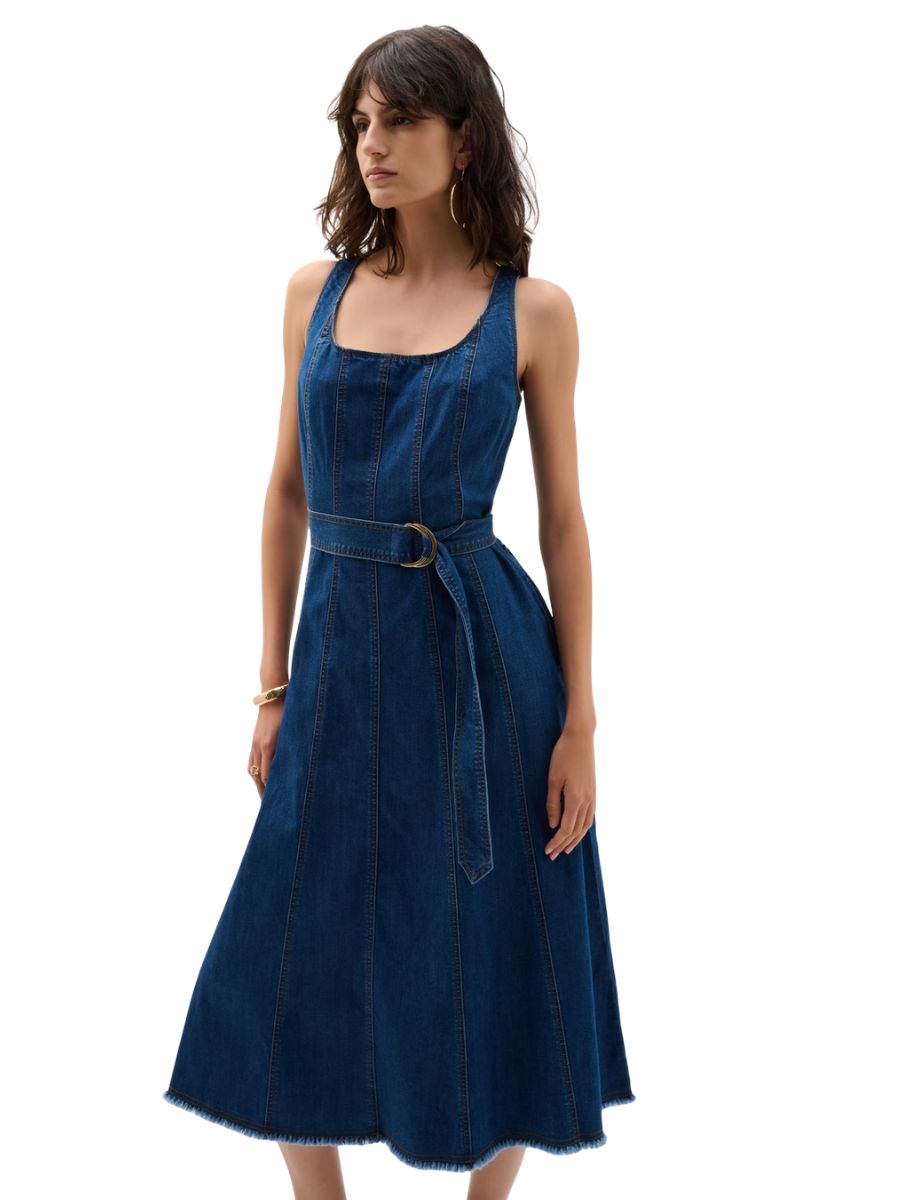 Joseph Ribkoff Denim Midi Dress in dark blue with belt detail, sleeveless style, and A-line skirt silhouette