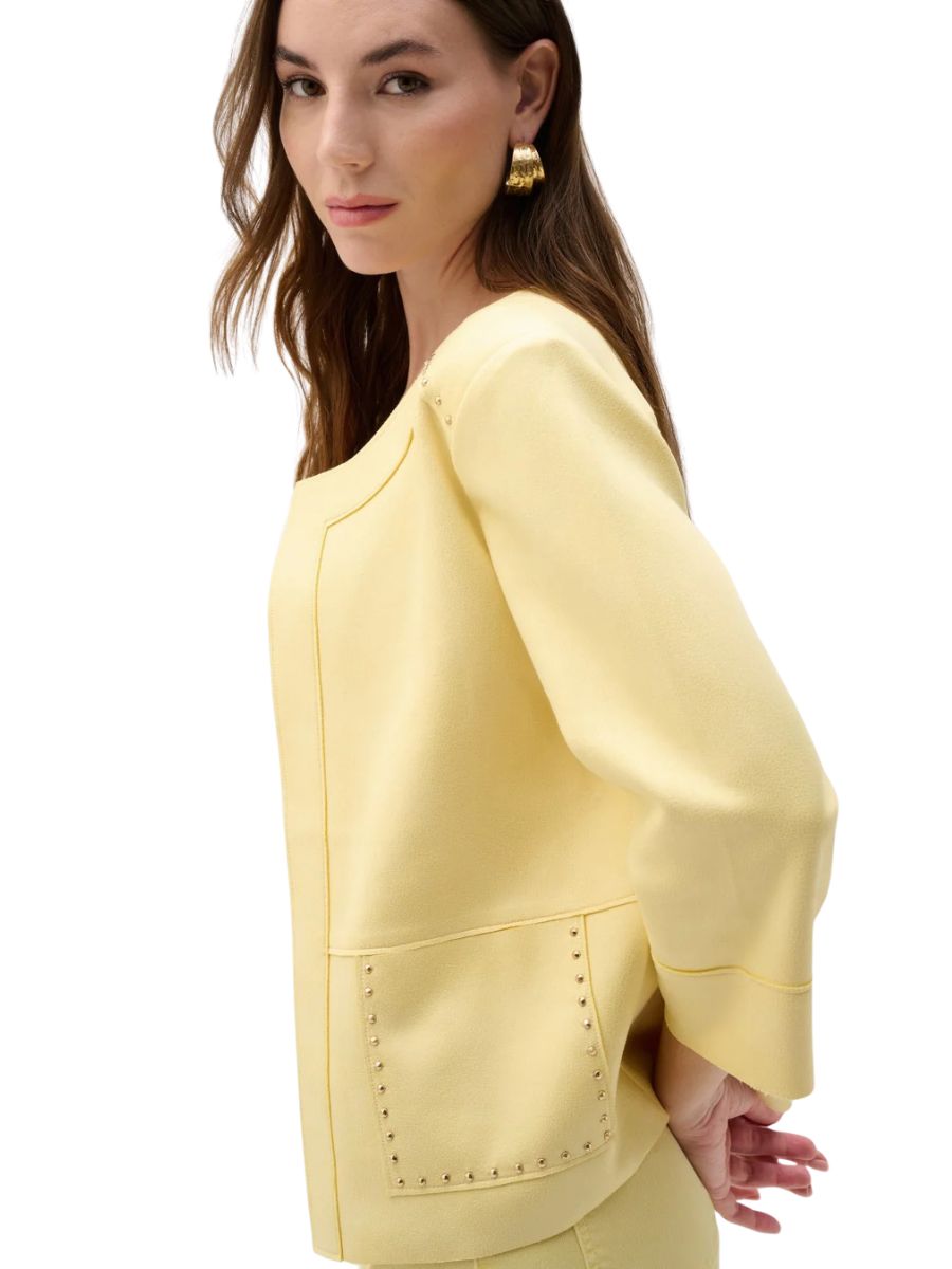 Joseph Ribkoff Buttercup Suede Studded Blazer in soft yellow with stud details and modern tailored silhouette by Joseph Ribkoff.