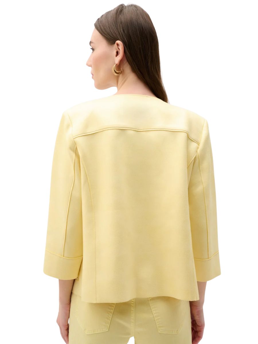 Back view of Joseph Ribkoff Buttercup Suede Studded Blazer in soft yellow suede outerwear garment