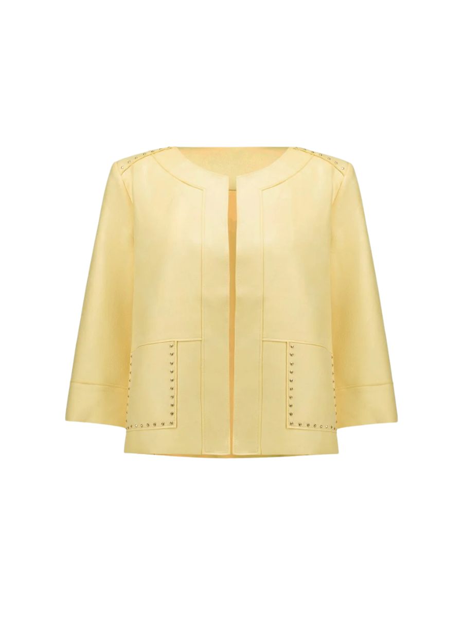 Joseph Ribkoff Buttercup Suede Studded Blazer in soft yellow with stud detailing on pockets and shoulders, stylish outerwear.