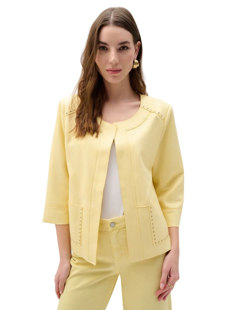 Joseph Ribkoff Buttercup Suede Studded Blazer in soft yellow suede with studded detailing by Joseph Ribkoff