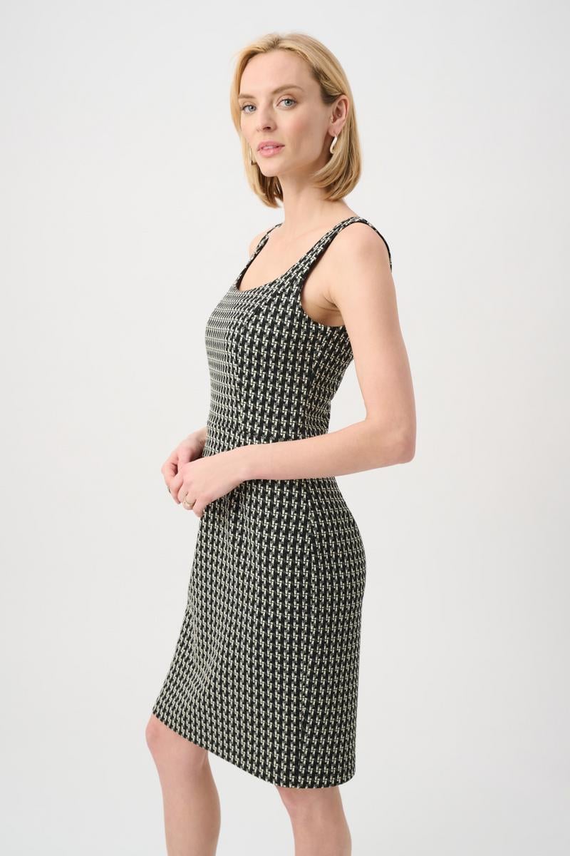Side view of a black and white geometric patterned sleeveless dress titled Joseph Ribkoff It's Back Geometric Stretch Shift Dress by Joseph Ribkoff