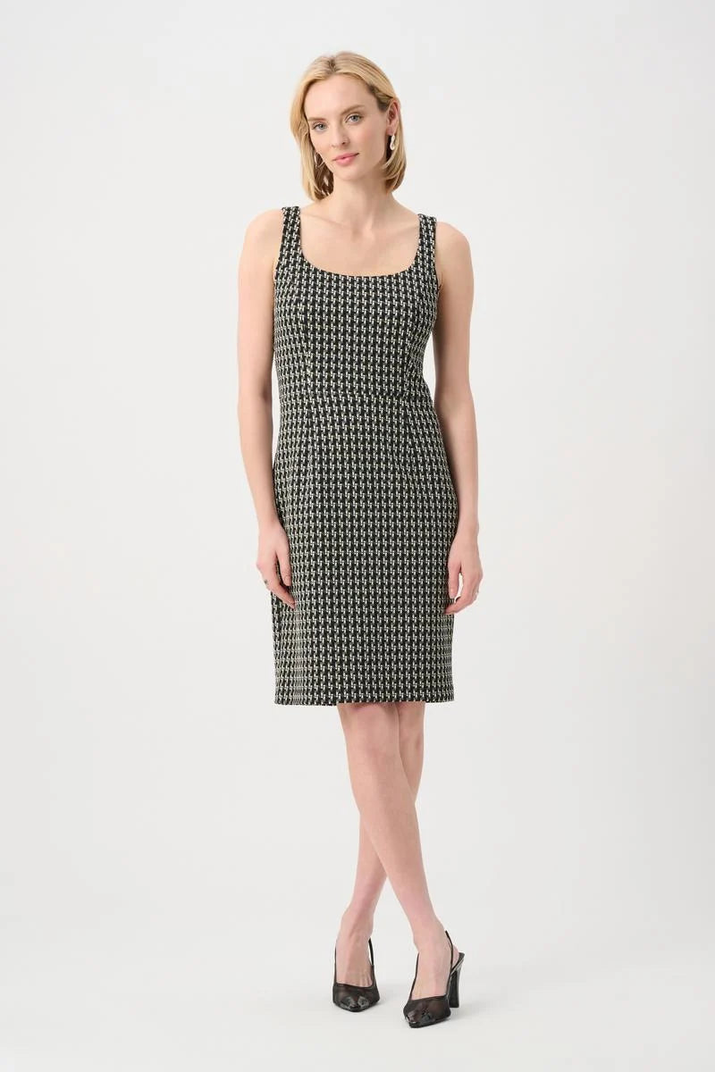 Joseph Ribkoff It's Back Geometric Stretch Shift Dress in black and white with a fitted silhouette and sleeveless design.