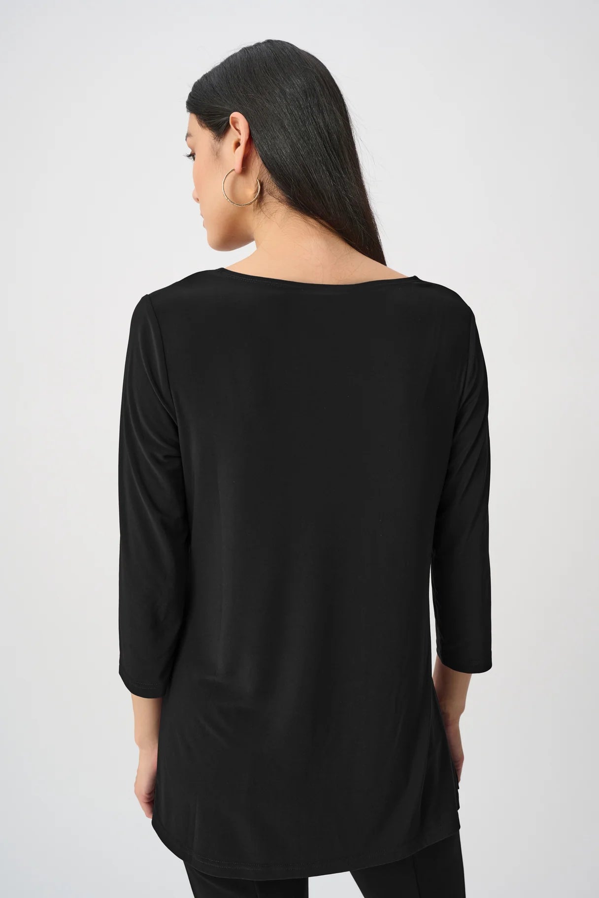 Back view of black Joseph Ribkoff Simply Silky 3/4 Sleeve Tunic Top made from smooth fabric, formal style top