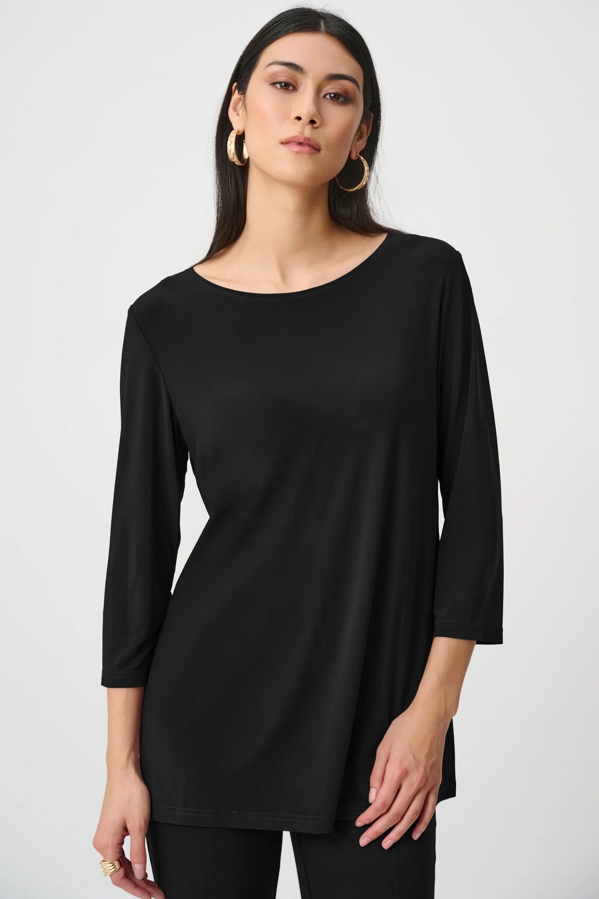 Joseph Ribkoff Simply Silky 3/4 Sleeve Tunic Top in black, featuring a smooth, elegant fabric by Joseph Ribkoff.