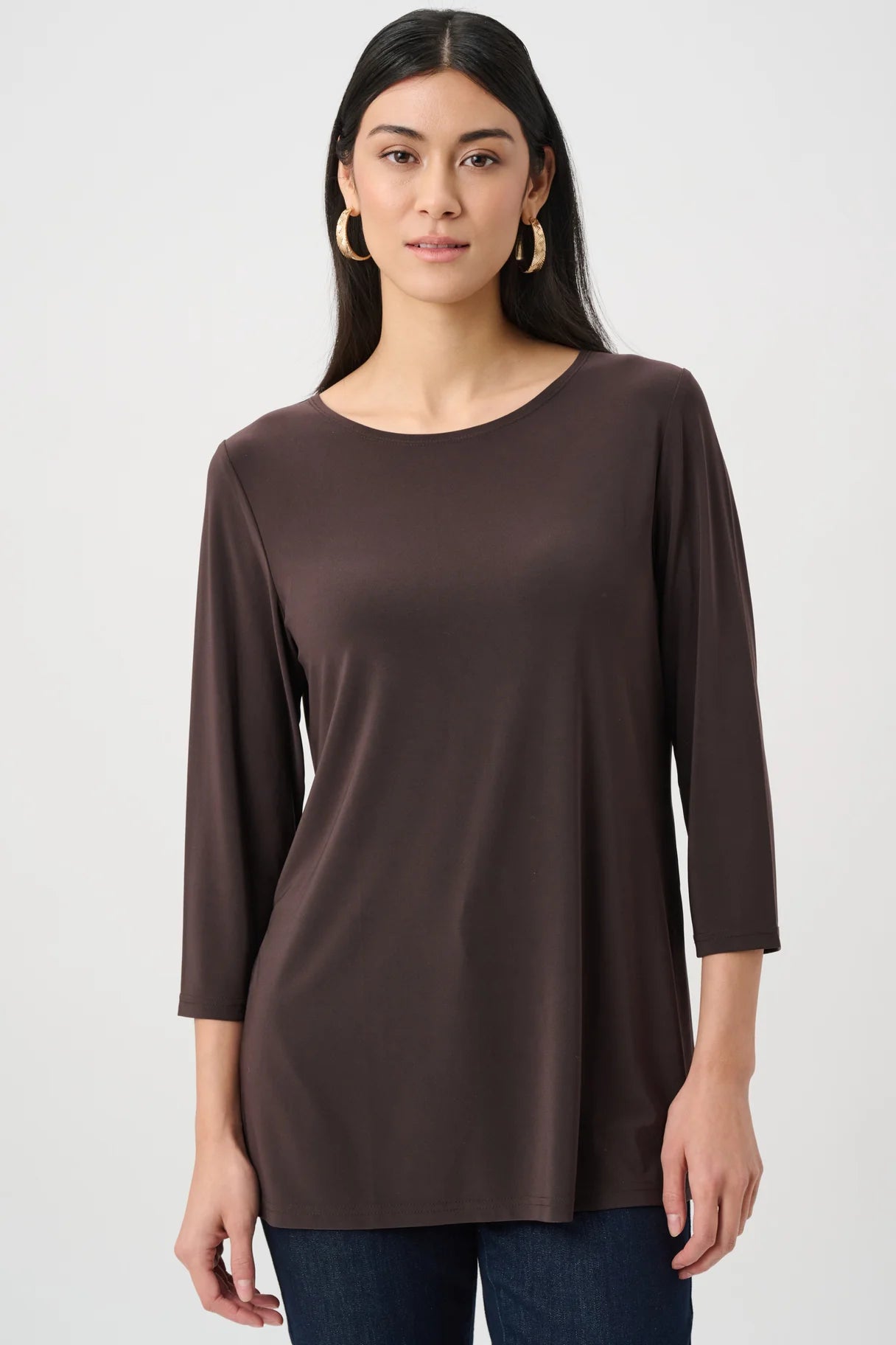 Joseph Ribkoff Simply Silky 3/4 Sleeve Tunic Top in mocha brown with a smooth, lightweight fabric by Joseph Ribkoff.