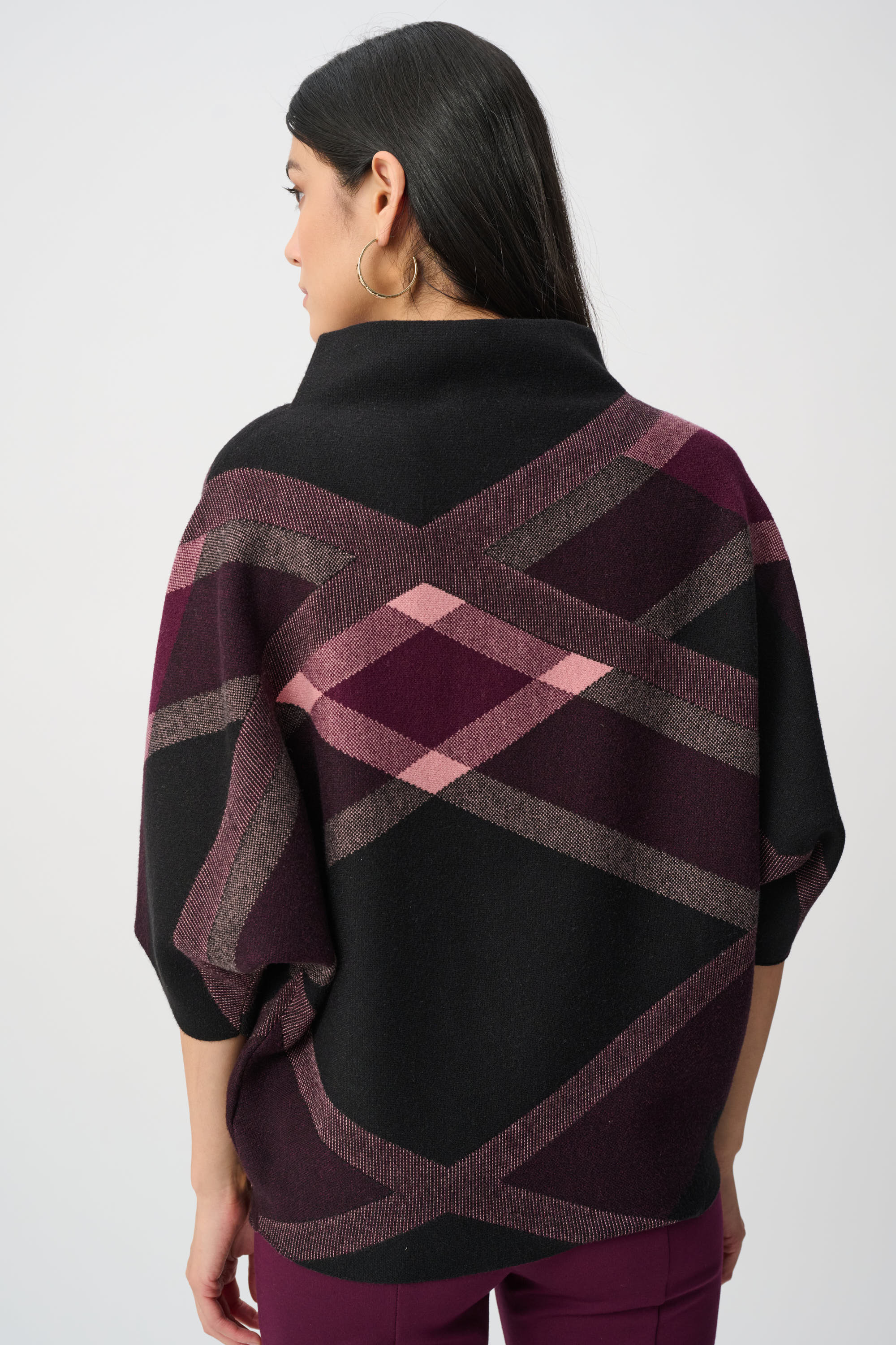 Joseph Ribkoff Plaid Jacquard 3/4 Sleeve Mock Neck Sweater in black and purple plaid jacquard knit fabric