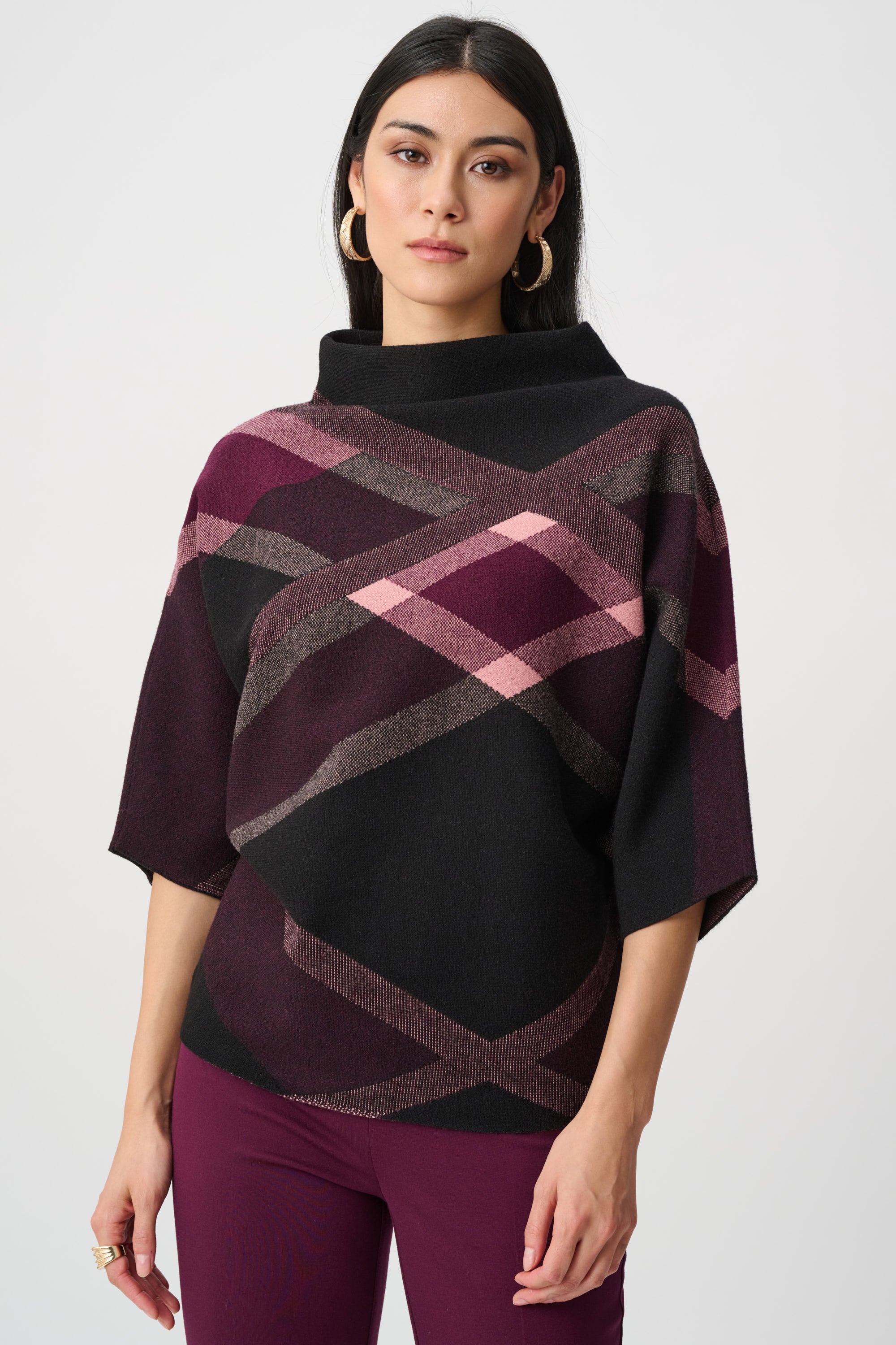 Joseph Ribkoff Plaid Jacquard 3/4 Sleeve Mock Neck Sweater in black and purple with geometric pattern by Joseph Ribkoff