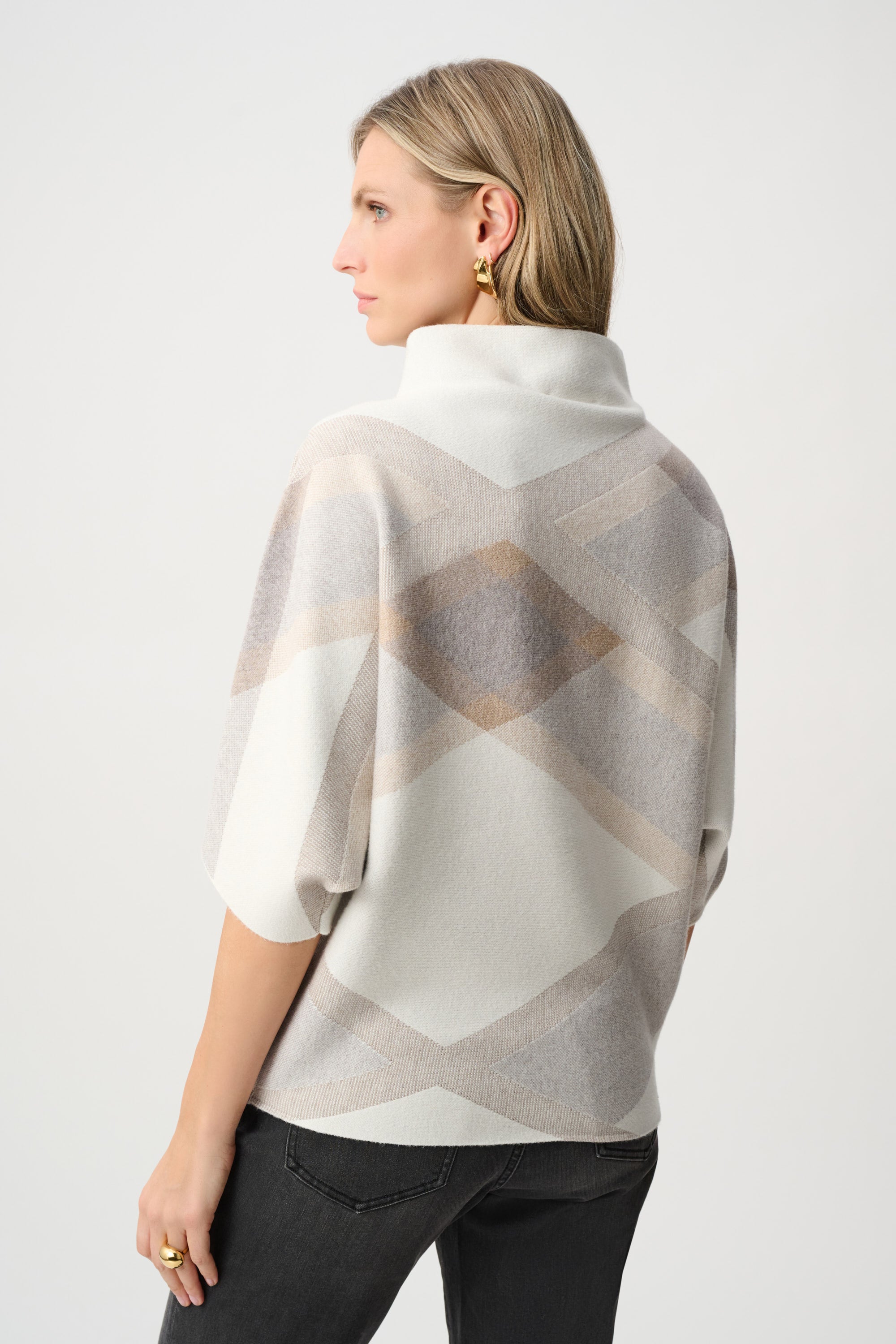 Joseph Ribkoff Plaid Jacquard 3/4 Sleeve Mock Neck Sweater