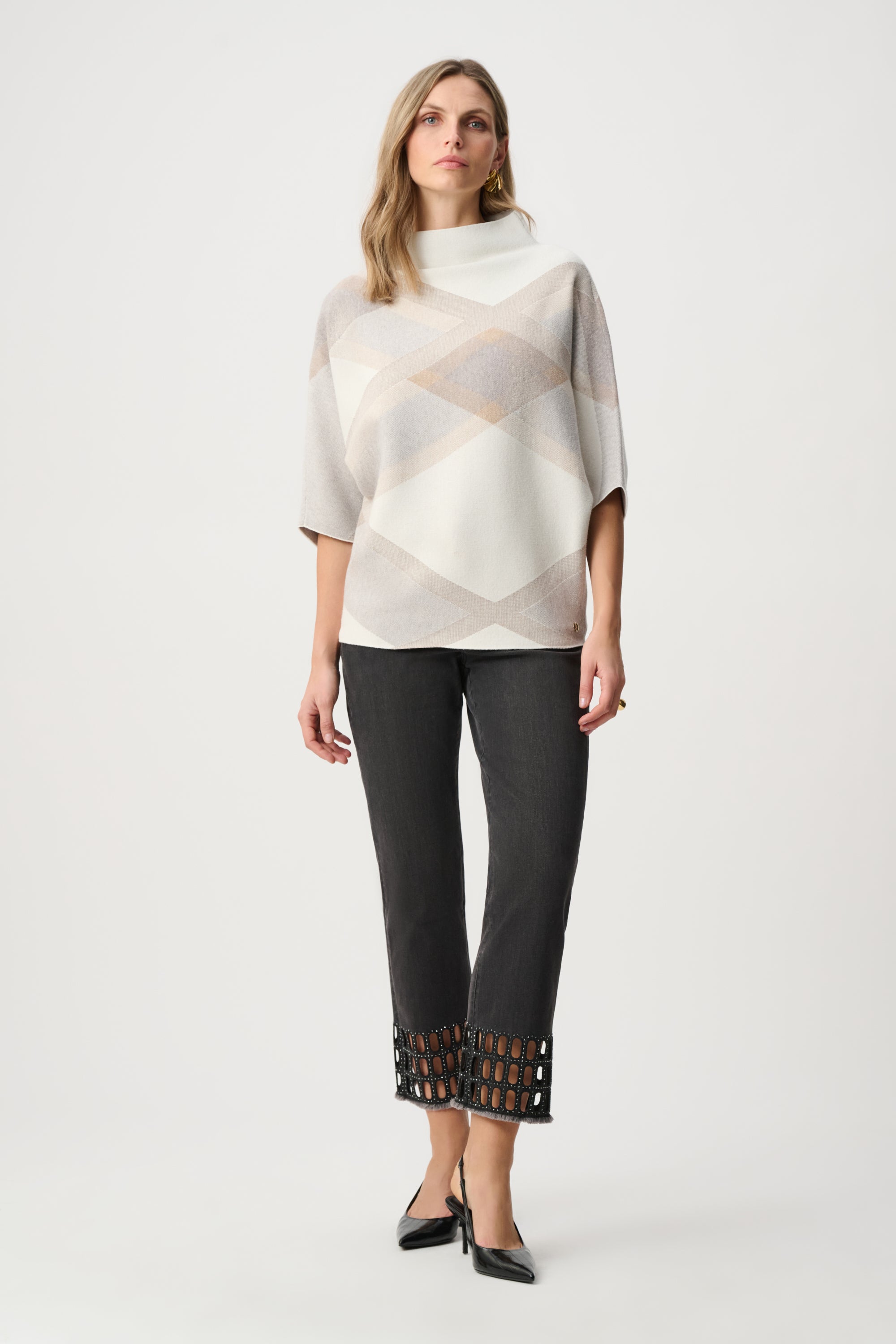 Joseph Ribkoff Plaid Jacquard 3/4 Sleeve Mock Neck Sweater