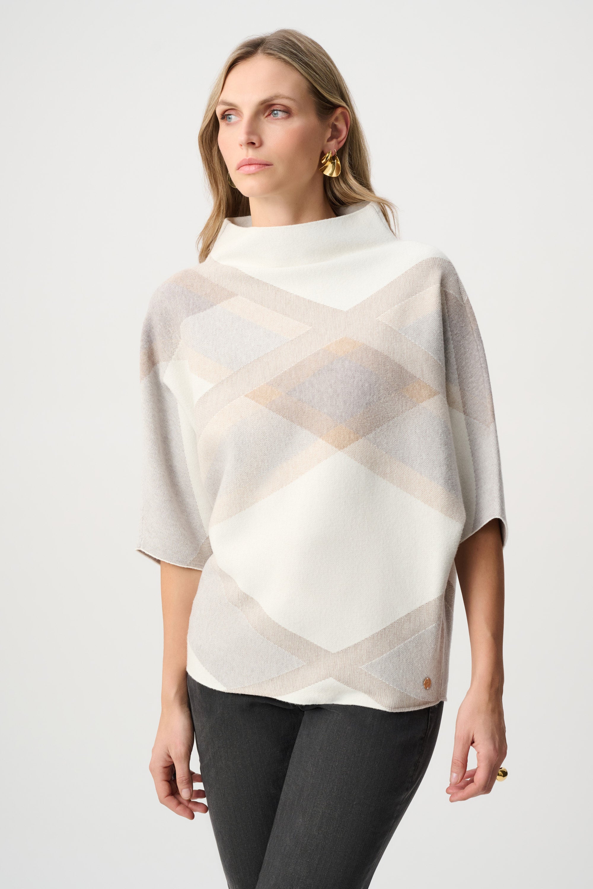 Joseph Ribkoff Plaid Jacquard 3/4 Sleeve Mock Neck Sweater