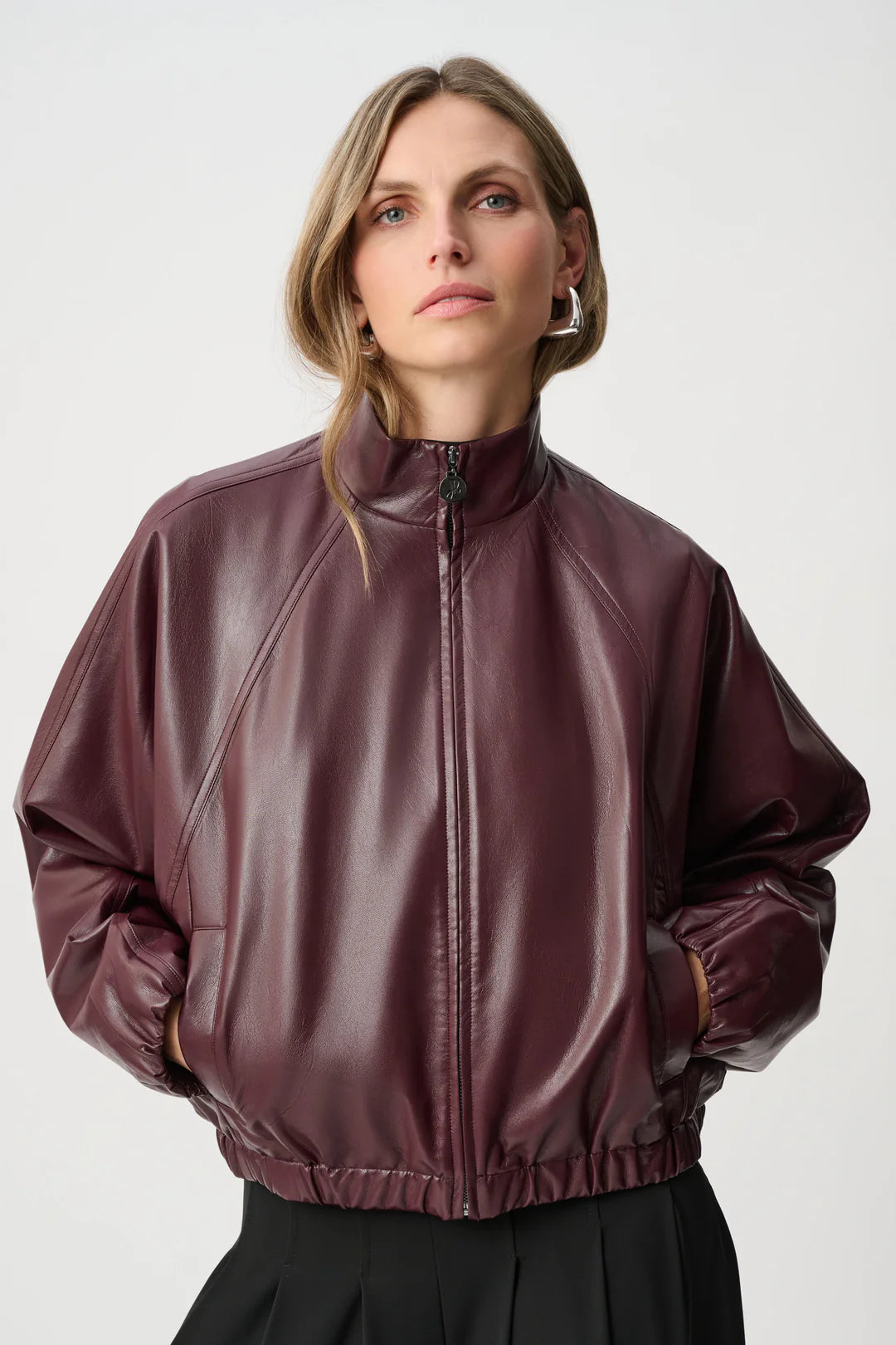 Joseph Ribkoff Faux Leather Cocoon Bomber Jacket