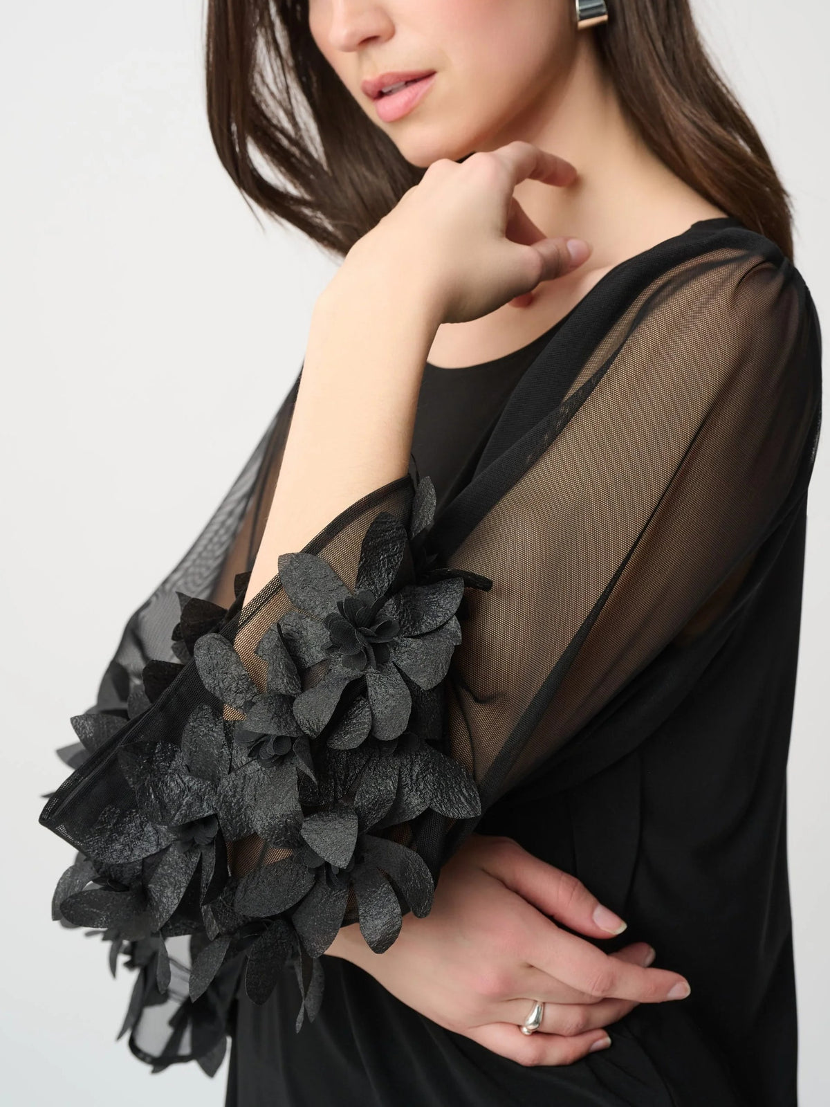 Close-up of a black sheer sleeve with textured floral appliqués on a long-sleeve top or dress.