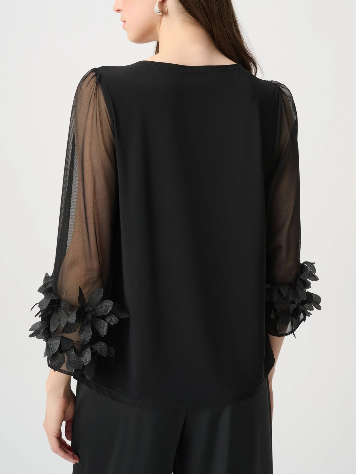 Back view of a black top with sheer mesh three-quarter sleeves and floral appliques on cuffs