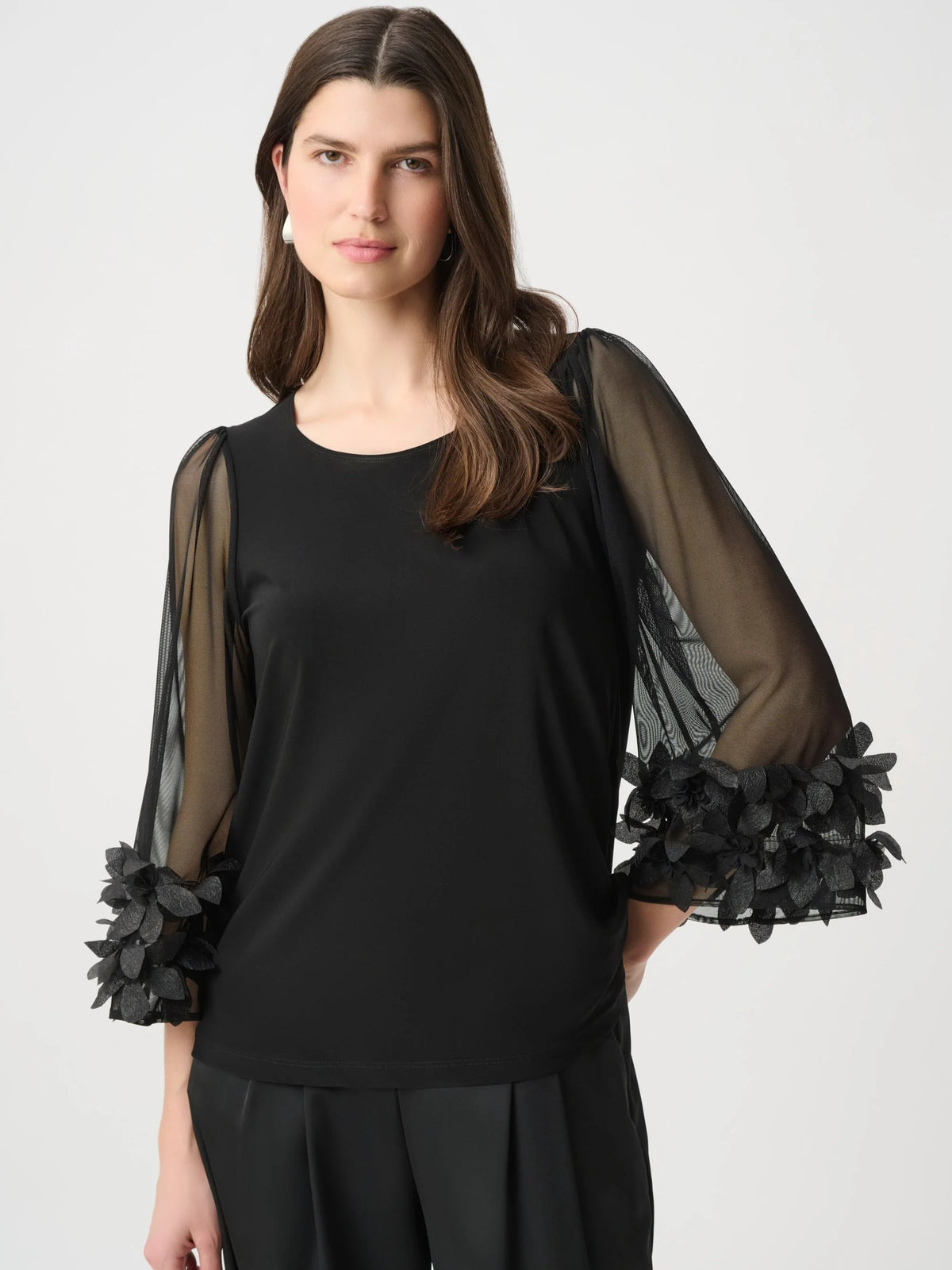 Joseph Ribkoff Embellished Sheer Floral Bell Sleeve Top