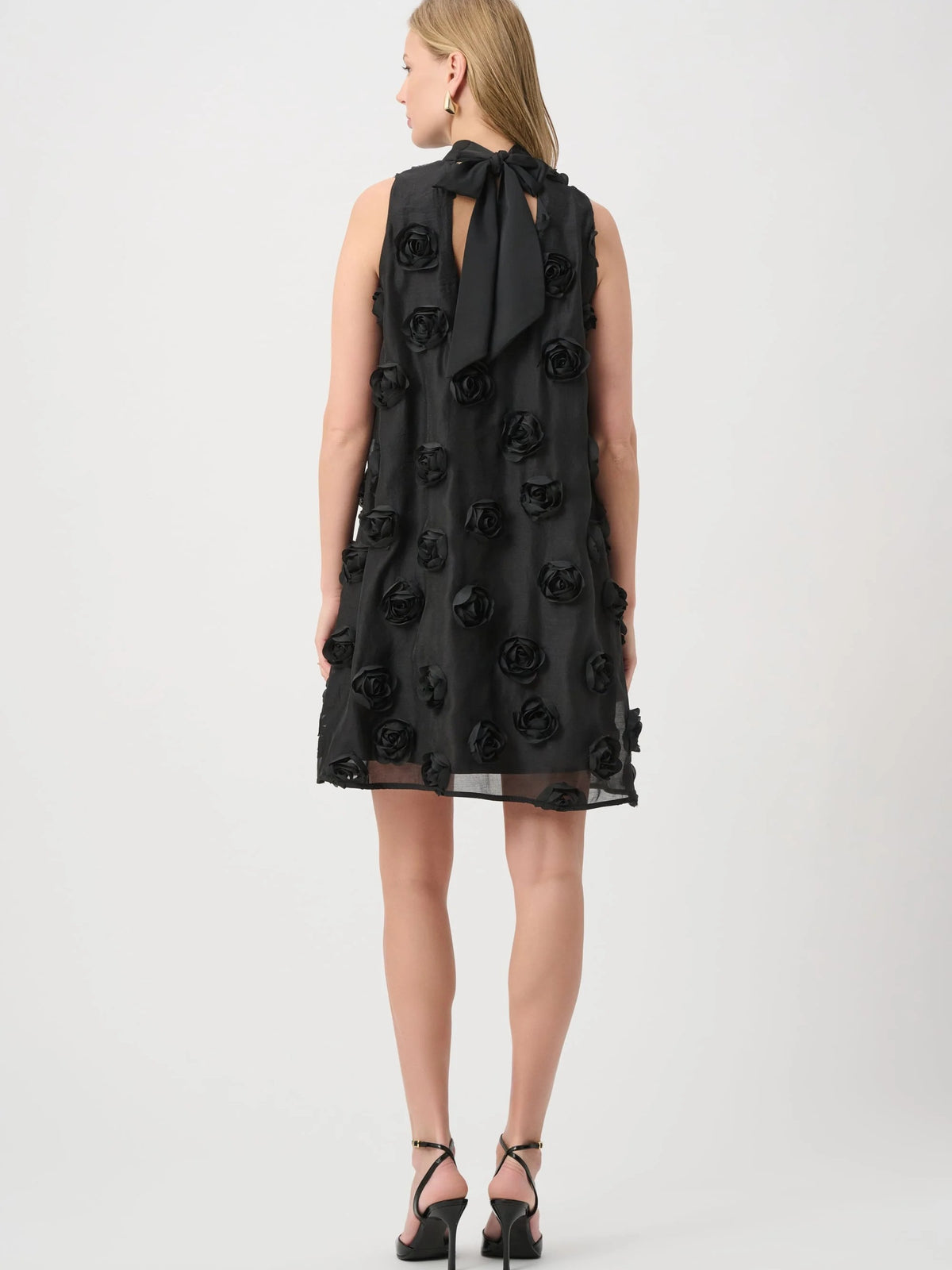 Joseph Ribkoff Textured Floral Trapeze Sleeve Dress, black back view with floral texture and bow detail