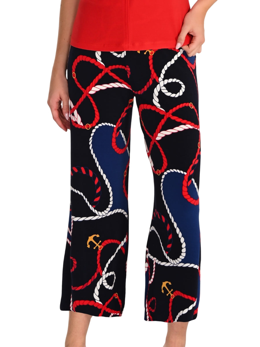 Frank Lyman Design Sailor Style 26" Cropped Pant in nautical rope and anchor print on navy background