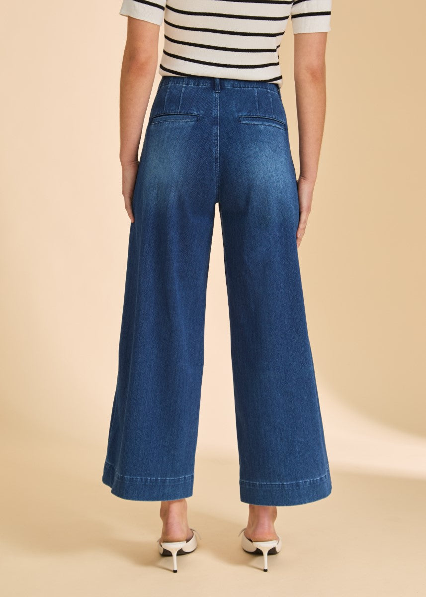 FDJ Anthro Double Pocket 27” Denim Pant by French Dressing in blue denim with wide legs and rear pockets.