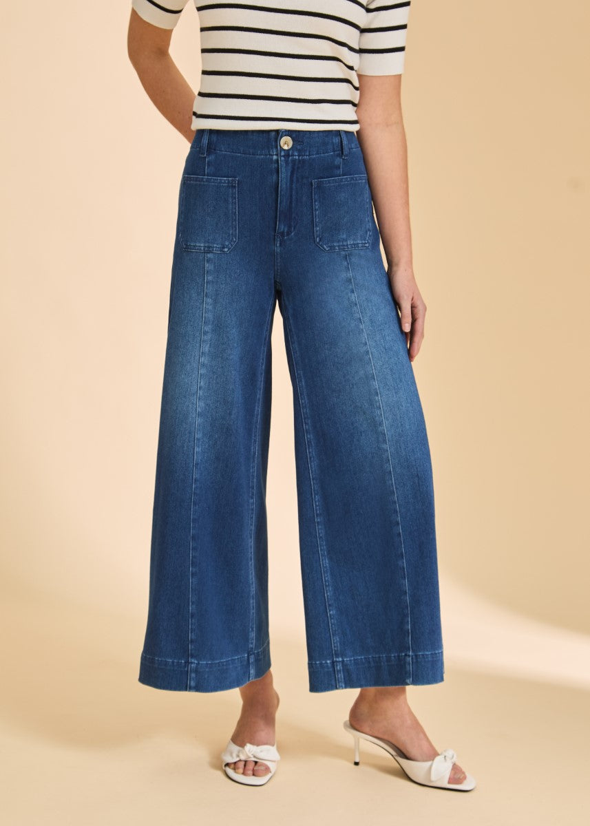 FDJ Anthro Double Pocket 27” Denim Pant in blue by French Dressing, styled with a striped top and white heels.