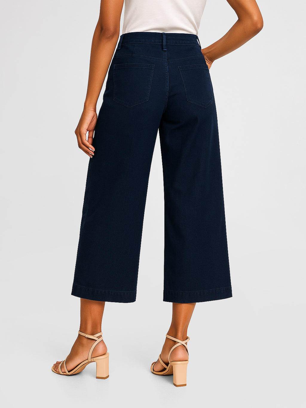 Lois Gaucho High-Waisted Wide Leg Cropped Pants in dark denim styled with beige strappy heels by Lois.